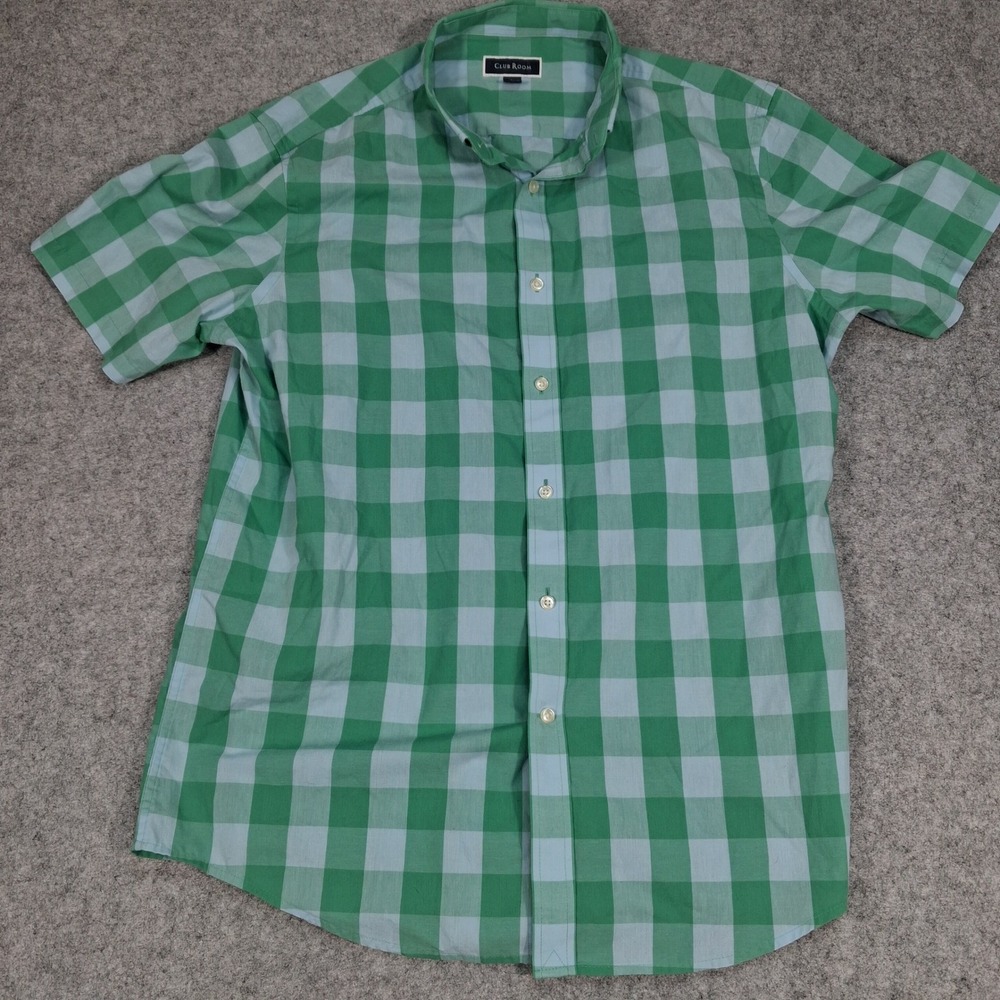 Club Room Button Down Shirt Mens Large Green Gingham Check Short Sleeve Cotton